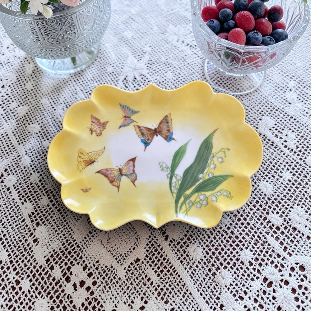 Antique HandPainted Scalloped Yellow Butterfly Plate